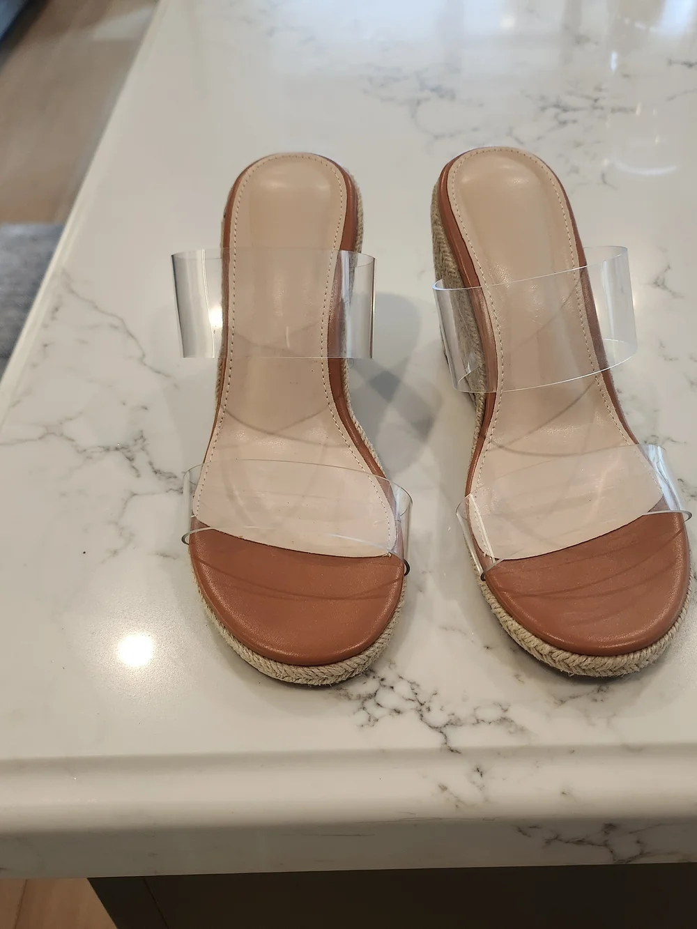 Clear Strap Espadrille Wedge Sandals With Cushioned Footbed, 7.5,Like New